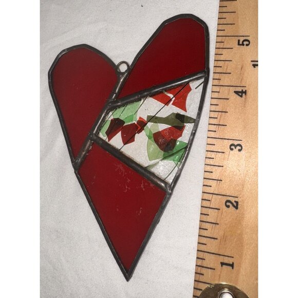 Stained fused Glass Heart Ornament Red Green Mosaic sun catcher - Picture 5 of 6